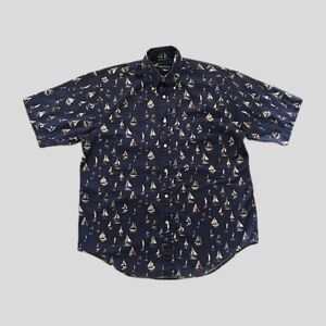 Vintage 90s Blue Nautica Sailboat Print Cotton Short Sleeve Collared Mens Shirt